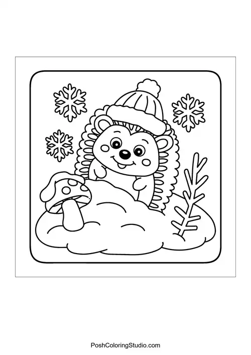 A hedgehog wearing a hat playing in the snow.