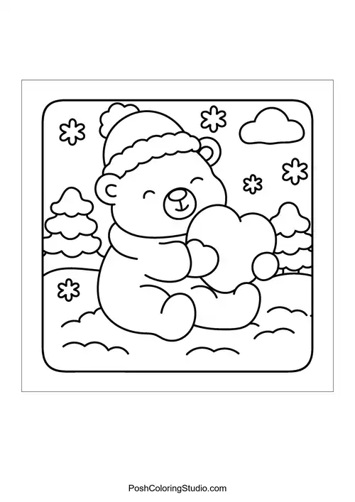 A bear holding a heart in a snowy landscape.