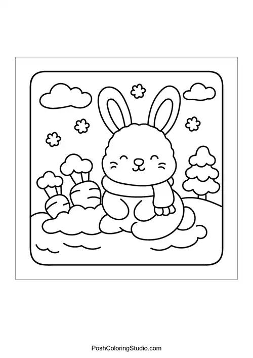 A bunny wearing a scarf sitting in the snow.