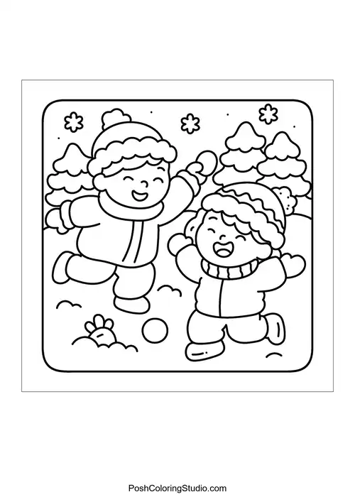 Two children playing in the snow with a snowball.