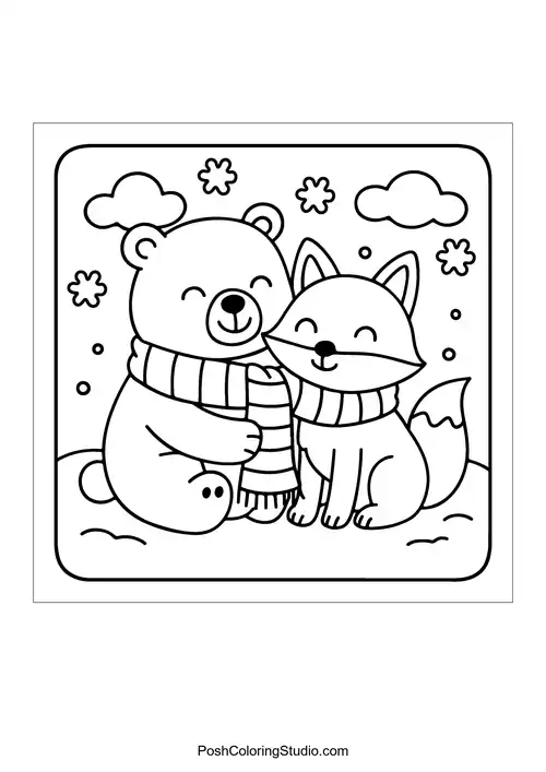 A bear and a fox cuddling in the snow.