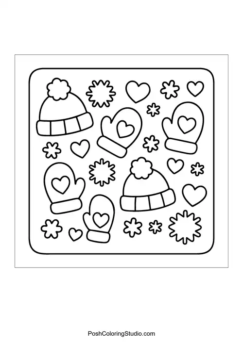 Mittens and hats with hearts and snowflakes.