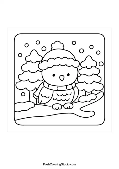 An owl wearing a hat in a snowy scene.