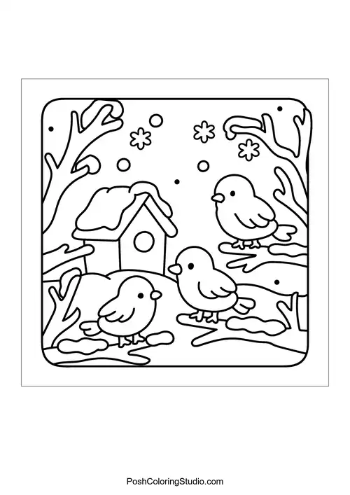 Three birds near a birdhouse in winter.