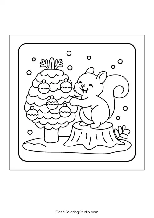 A squirrel decorating a Christmas tree with ornaments.