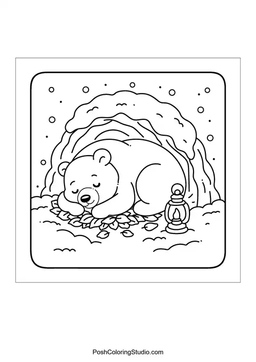 A sleeping bear inside a cave with a lantern.
