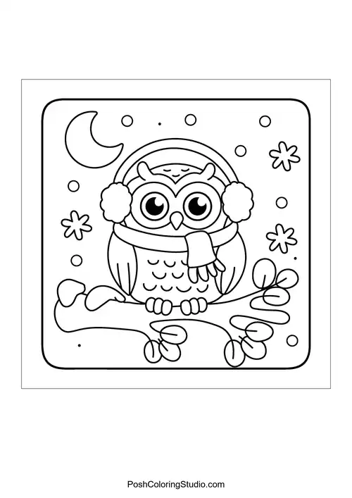 An owl wearing earmuffs perched on a branch.