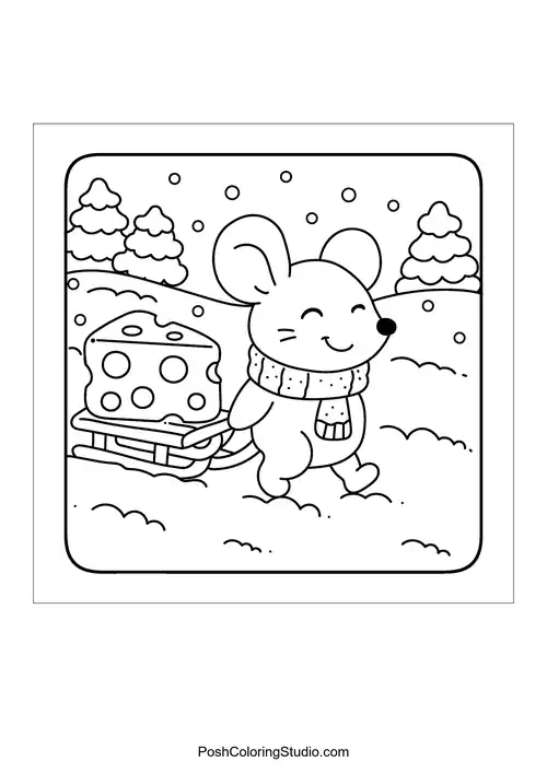 A mouse pulling a sled with cheese through the snow.