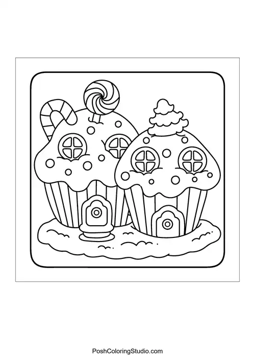 Two whimsical gingerbread houses with candy decorations.