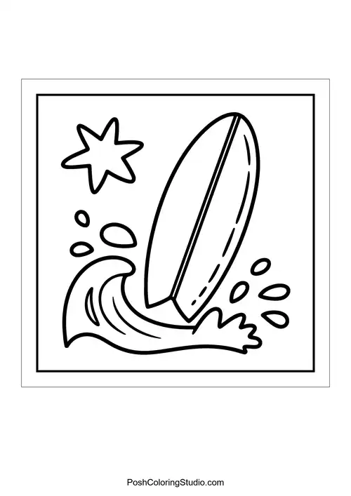 A surfboard riding a wave with a star.