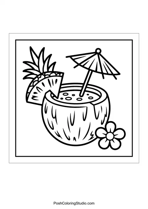 A tropical drink in a coconut with a flower.