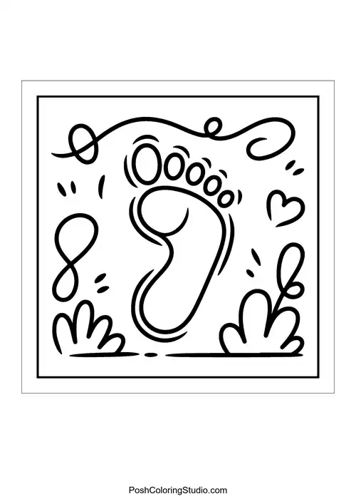 A footprint surrounded by decorative swirls.