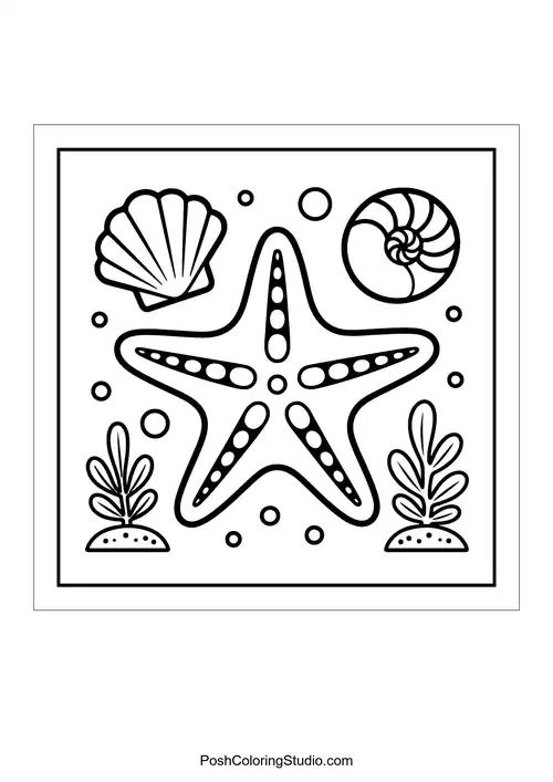 A starfish surrounded by shells and seaweed.