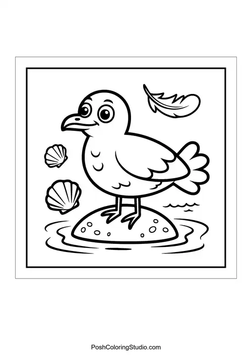 A bird standing on a rock with seashells nearby.
