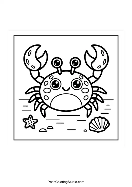 A smiling crab with large claws and a starfish.