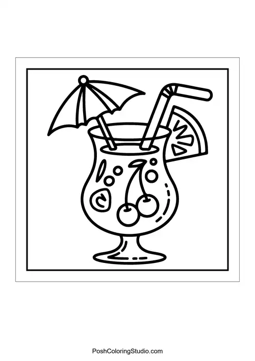 A tropical drink with an umbrella and fruit slices.