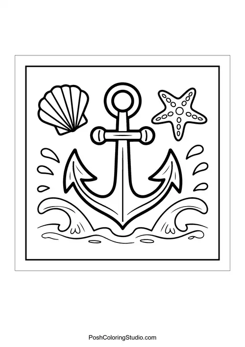 An anchor surrounded by shells and a starfish.