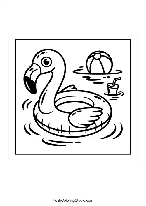 A flamingo float with a beach ball and drink.