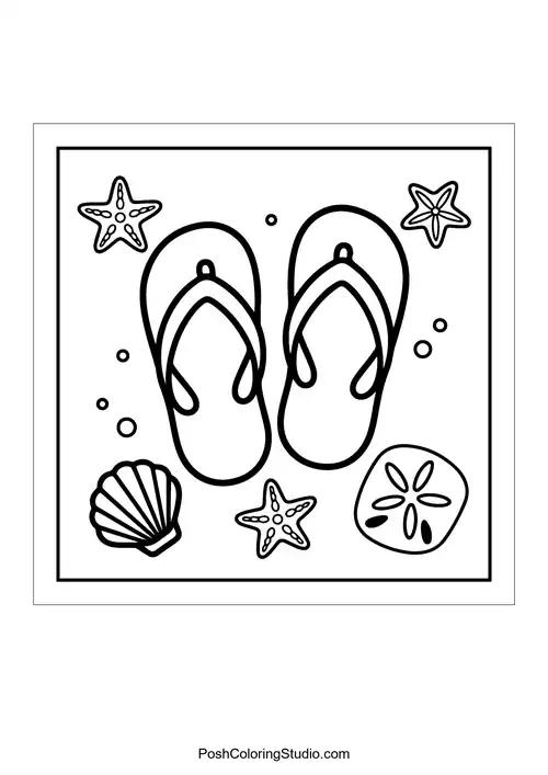 A pair of flip-flops with seashells and starfish.