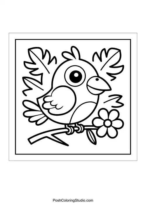 A bird perched on a branch with a flower.