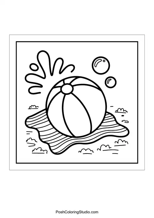 A beach ball splashing in water with bubbles.