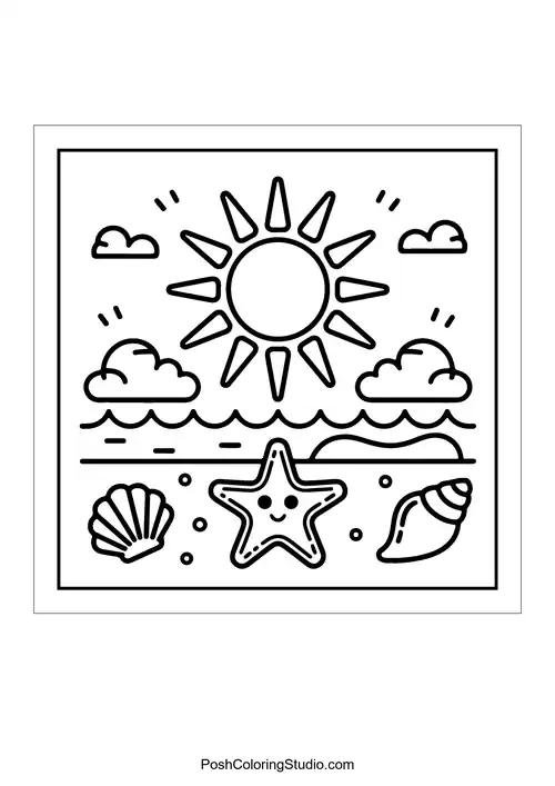 A sun with clouds and a starfish on the beach.