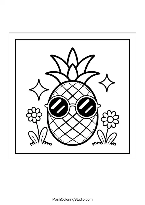 A pineapple wearing sunglasses with flowers around.