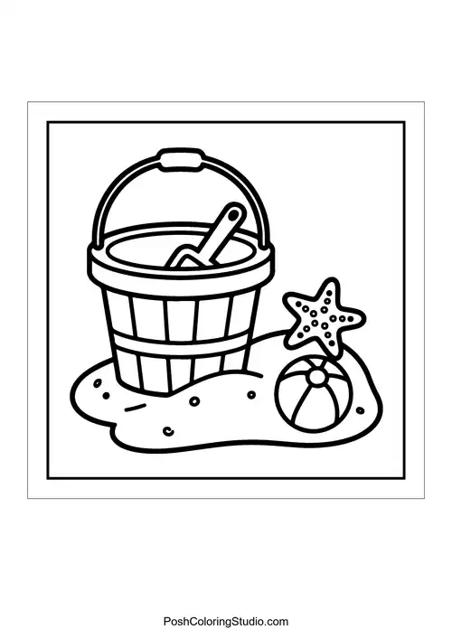 A bucket and shovel with a beach ball and starfish.