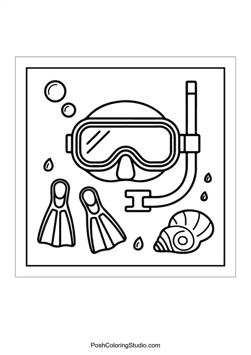 Diving gear including a mask and fins with bubbles.