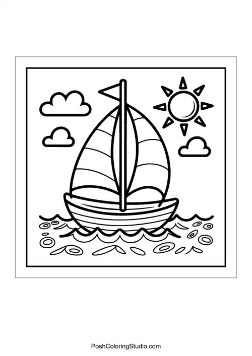 A sailboat on waves with a sun and clouds.