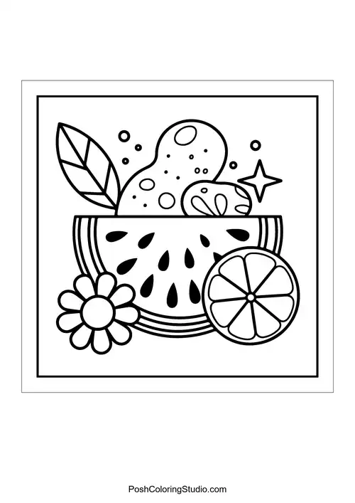 A bowl of fruit with a flower and leaves.