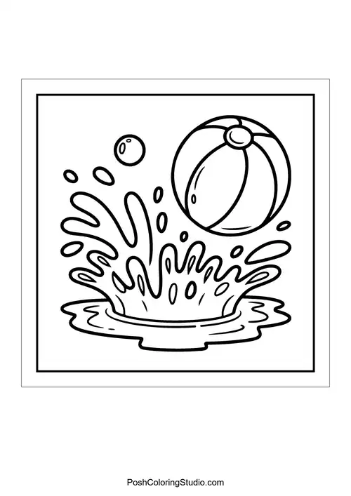 A beach ball splashing in water with bubbles.