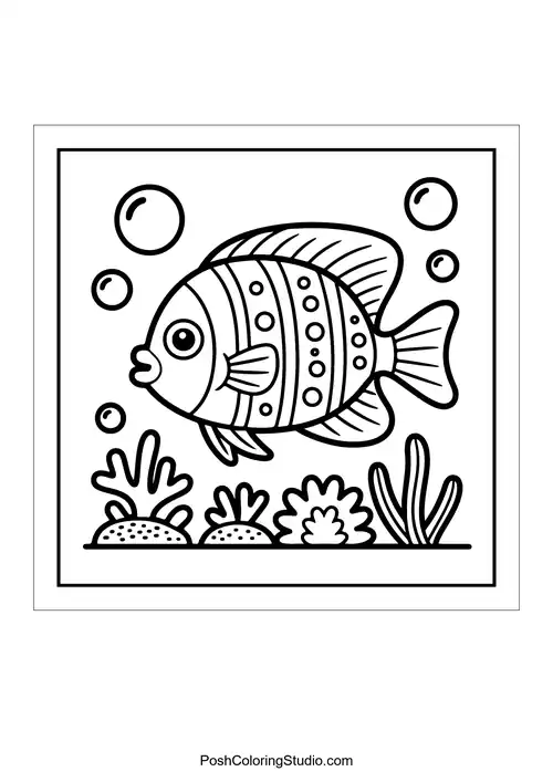 A fish swimming among coral and bubbles.