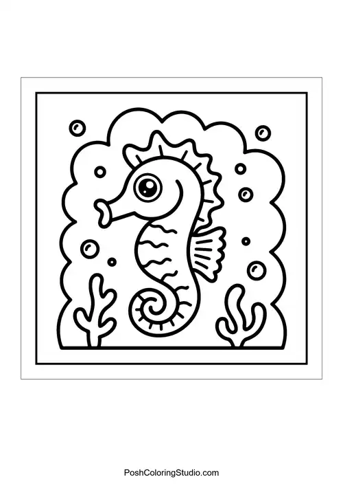 A seahorse surrounded by bubbles and seaweed.