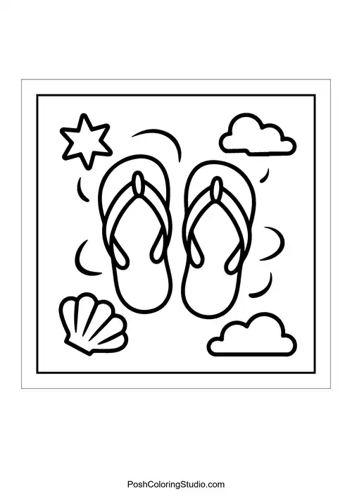 Flip-flops with clouds and seashells around.