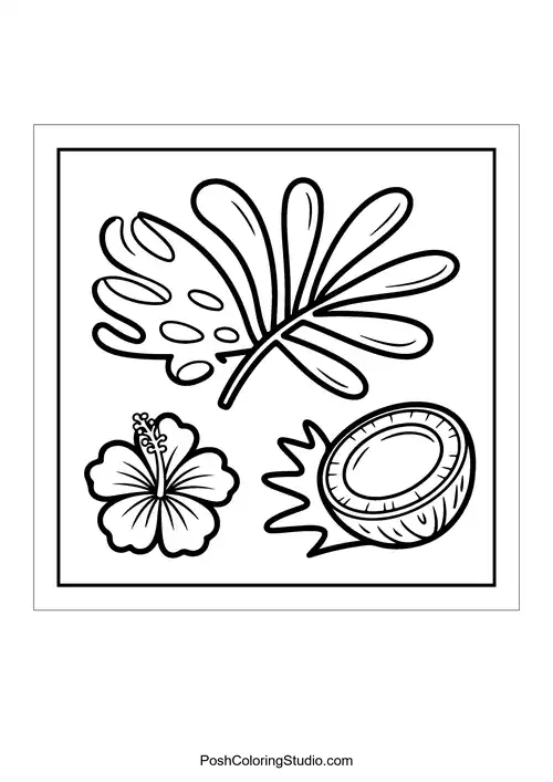 A tropical scene featuring a hibiscus flower, coconut, and large leaf.