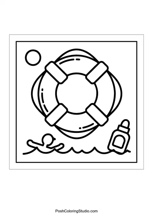 A life preserver surrounded by waves and a bottle.