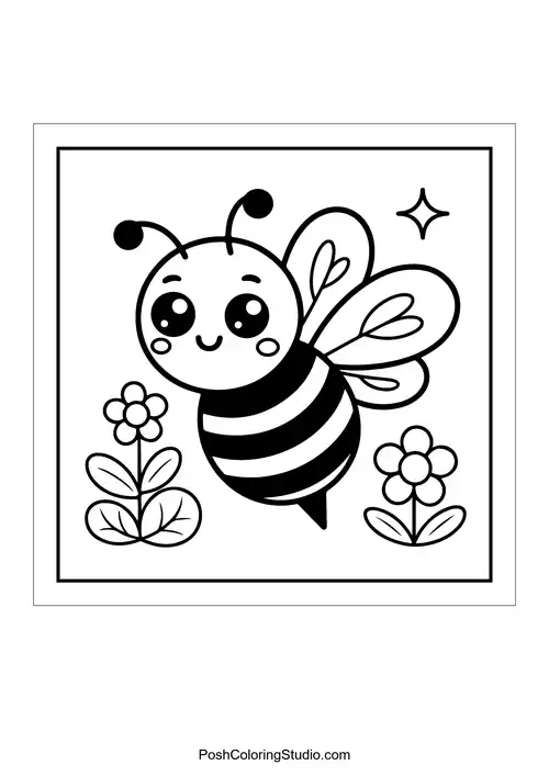 A cute bee with big eyes and flowers around it.