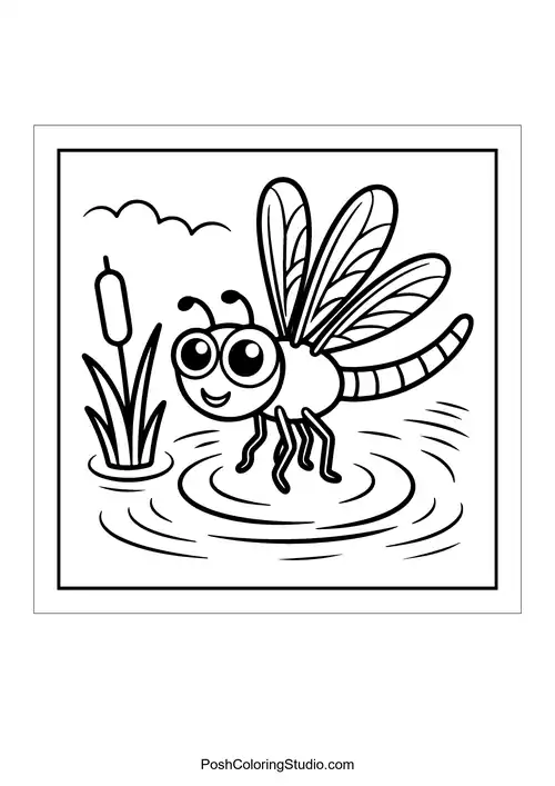 A dragonfly standing on a lily pad in water.
