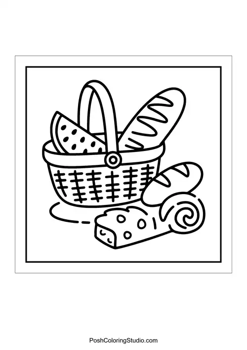 A picnic basket with fruits and bread.