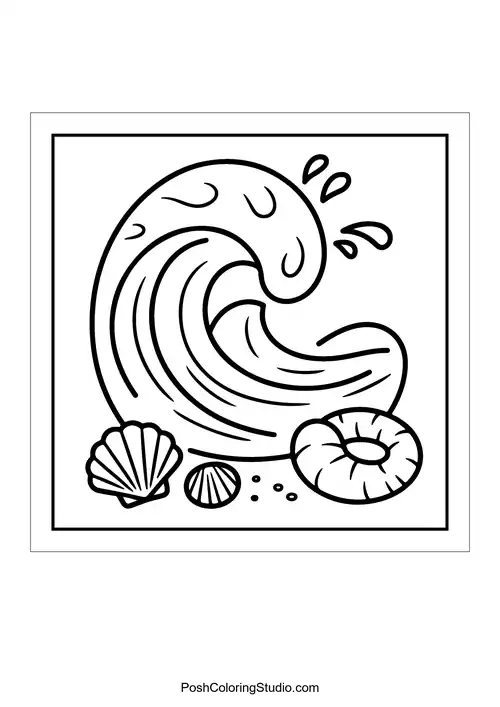 A large wave with seashells and bubbles around it.