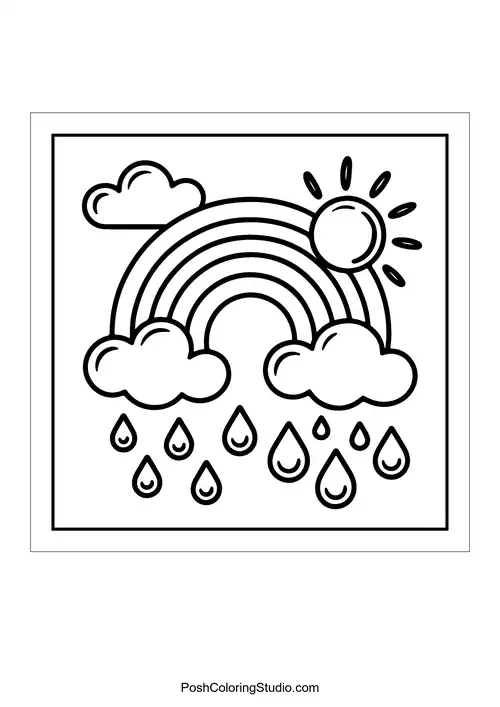 A rainbow with clouds and raindrops beneath it.
