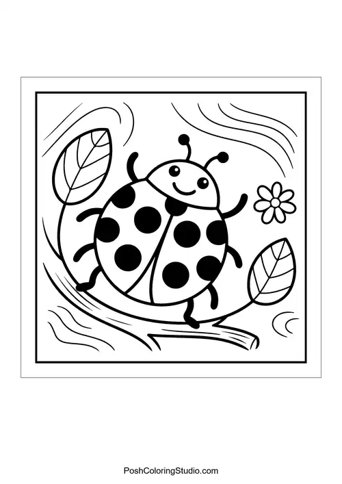 A ladybug on a branch with leaves and a flower.