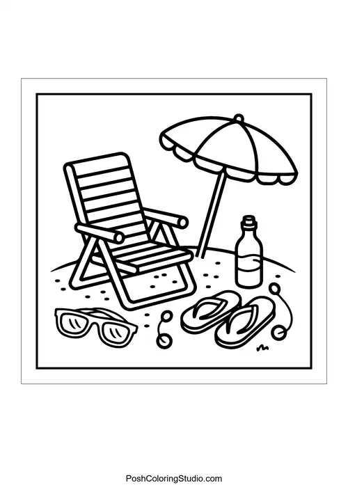 A beach scene with a chair, umbrella, and sunglasses.