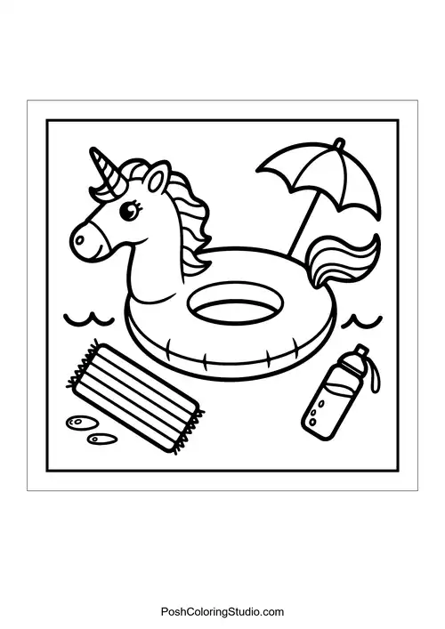 A unicorn float with an umbrella and beach items.
