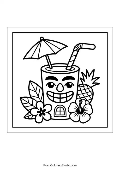 A drink with a straw, pineapple, and snacks around it.