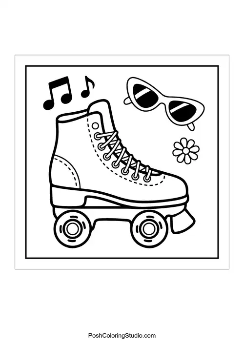 A roller skate with music notes and sunglasses.
