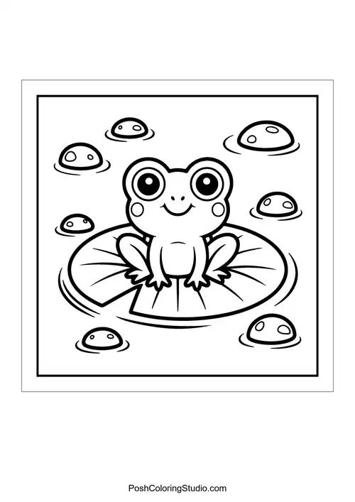 A happy frog sitting on a lily pad with floating bubbles.