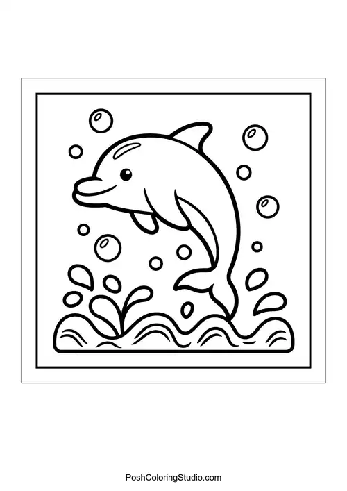 A dolphin swimming among bubbles.