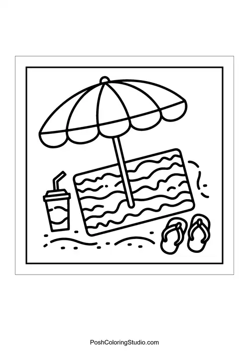 A beach scene with an umbrella and drink.